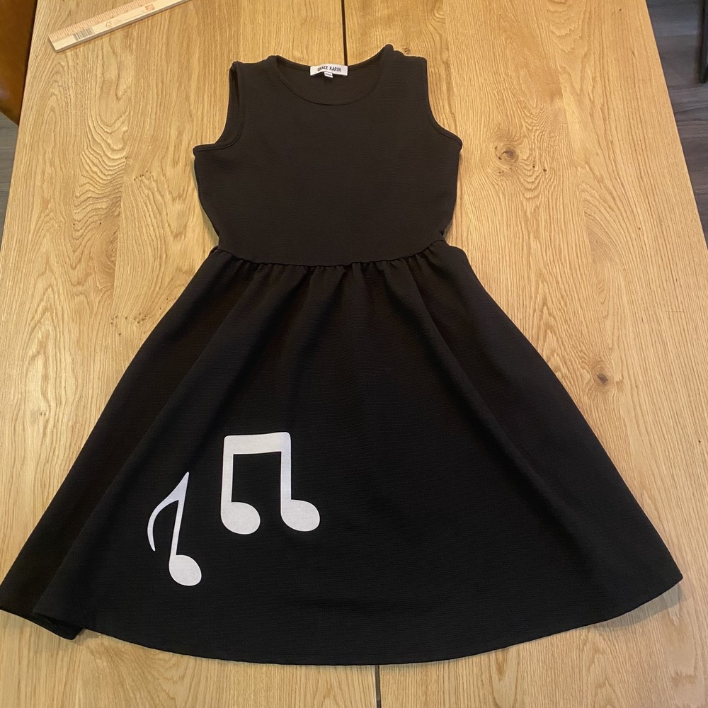 Upcycle Grace Karen Black Fit / Flare dress Girls 13-14 Black Flocked Music Note